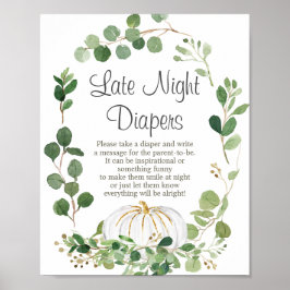 White Pumpkin Baby shower Night Diapers Sign Poster