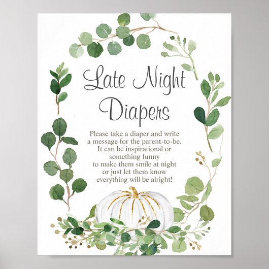White Pumpkin Baby shower Night Diapers Sign Poster (Voorkant)