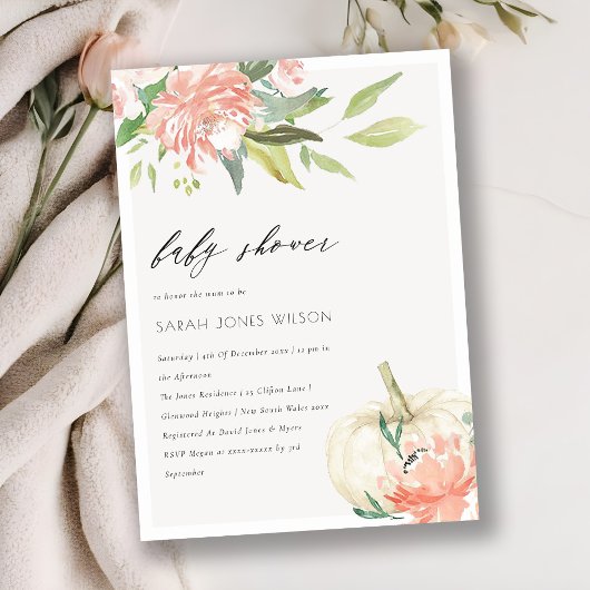 White Pumpkin Blush Floral Baby shower Invite Bedankkaart