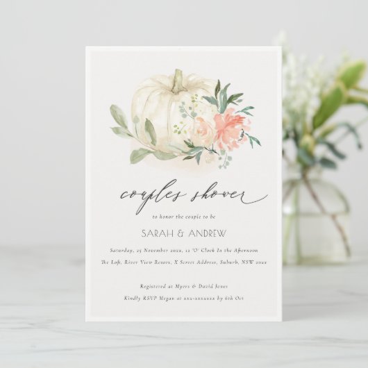 White Pumpkin Blush Floral Couples Shower Invite Bedankkaart (Staand voorkant)