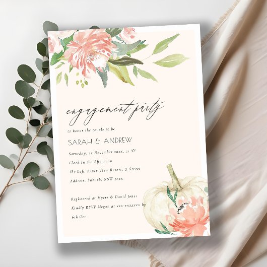 White Pumpkin Blush Floral Verloving Invite Bedankkaart