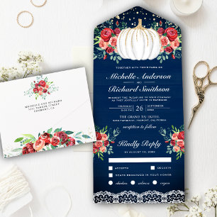 White Pumpkin Burgundy Floral Navy Blue Wedding All In One Uitnodiging