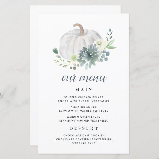 White Pumpkin Elegant Succulent Herfst Menu Kaarte (Voorkant / Achterkant)