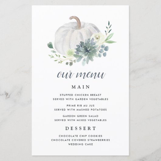White Pumpkin Elegant Succulent Herfst Menu Kaarte (Voorkant)