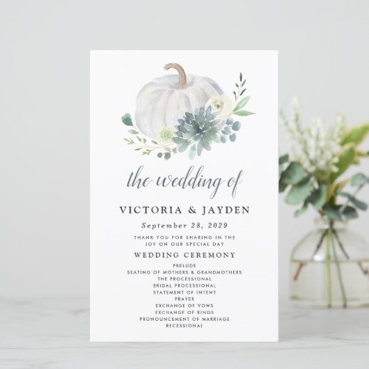 White Pumpkin Elegant Succulent Wedding Programs (Staand voorkant)
