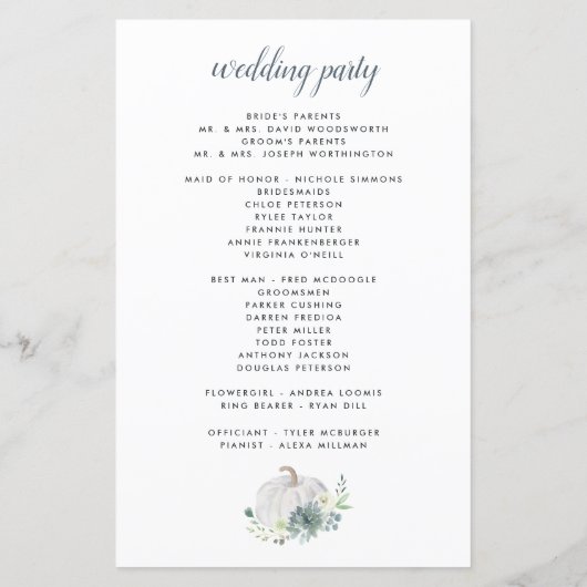 White Pumpkin Elegant Succulent Wedding Programs (Achterkant)