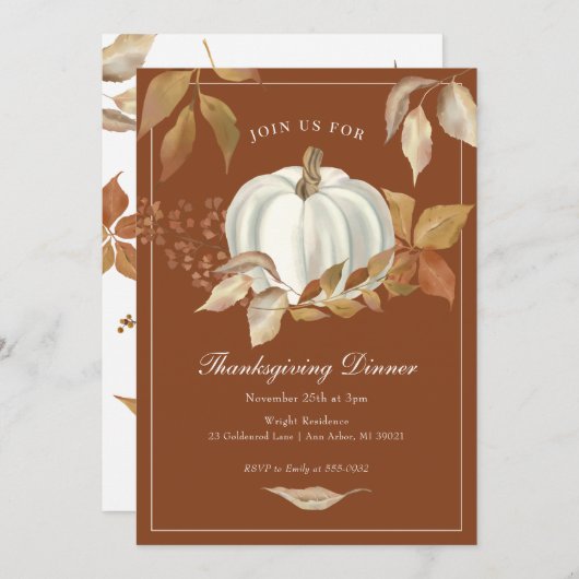 White Pumpkin Fall Leaves Thanksgiving Invitation Kaart (Voorkant / Achterkant)