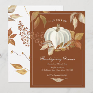 White Pumpkin Fall Leaves Thanksgiving Invitation Kaart