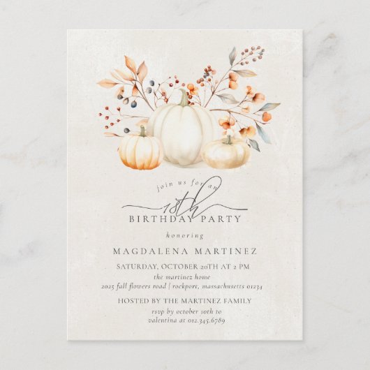 White Pumpkin Fall verlaat 18e verjaardagsfeestje Uitnodiging Briefkaart (Voorkant)