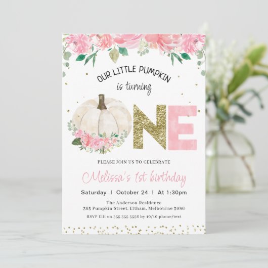 White Pumpkin Floral Gold Word 1e verjaardag Kaart (Staand voorkant)