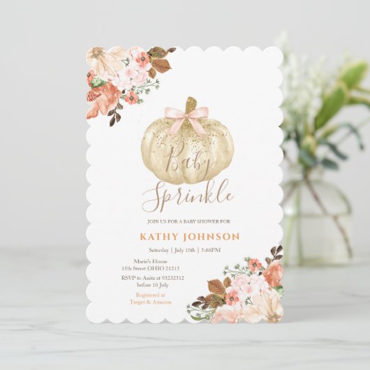 White Pumpkin Floral Herfst Baby Sprinkle Invitati Kaart (Staand voorkant)