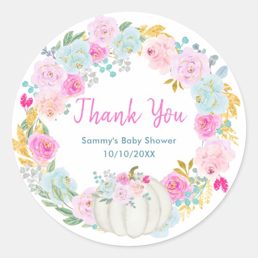 White Pumpkin Floral Wreath Baby Shower Thank You Ronde Sticker (Voorkant)