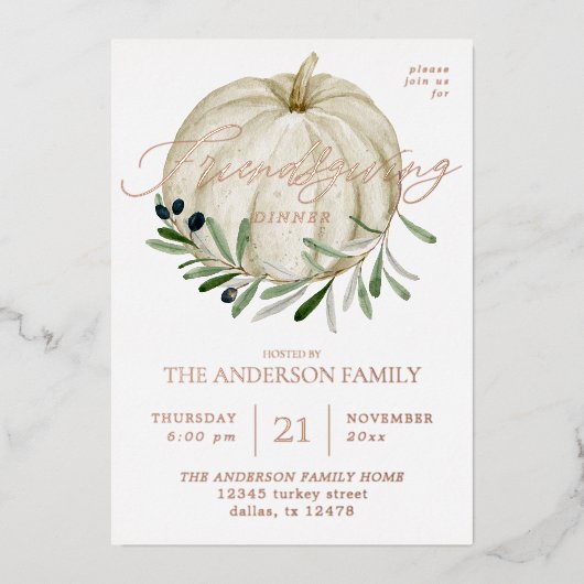 White Pumpkin Friendsgiving Folie Uitnodiging (Voorkant)
