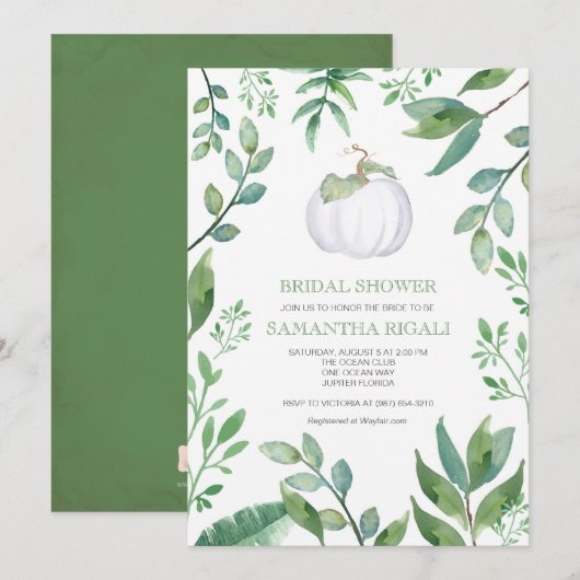 White Pumpkin Greenery Bridal Shower Invitation Kaart (Voorkant / Achterkant)