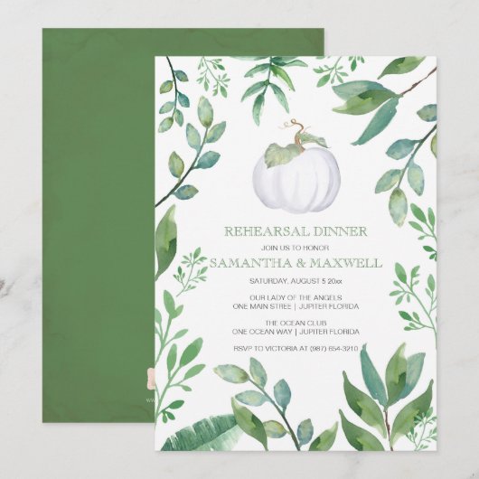 White Pumpkin Greenery Rehearsal Dinner Invitation Kaart (Voorkant / Achterkant)
