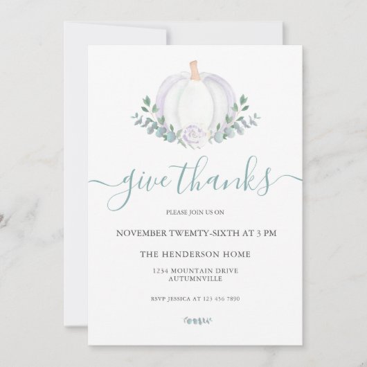 White Pumpkin Greenery Thanksgiving Dinner Kaart (Voorkant)