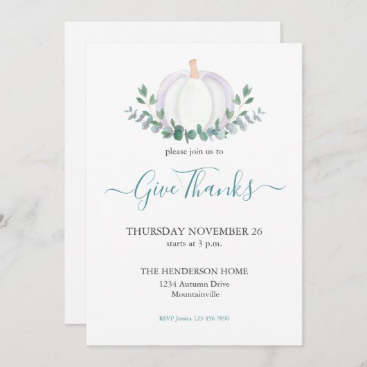 White Pumpkin Greenery Thanksgiving Dinner Kaart (Voorkant / Achterkant)