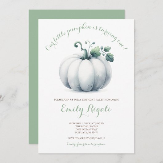 White Pumpkin Little Pumpkin Birthday Party Invite Kaart (Voorkant / Achterkant)