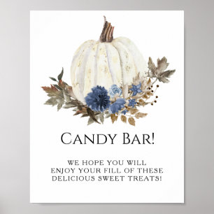 White Pumpkin Navy Blue Herfst Floral Snoep Bar Si Poster
