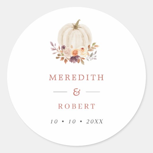 White Pumpkin Paars & Terracotta Flowers Wedding Ronde Sticker (Voorkant)