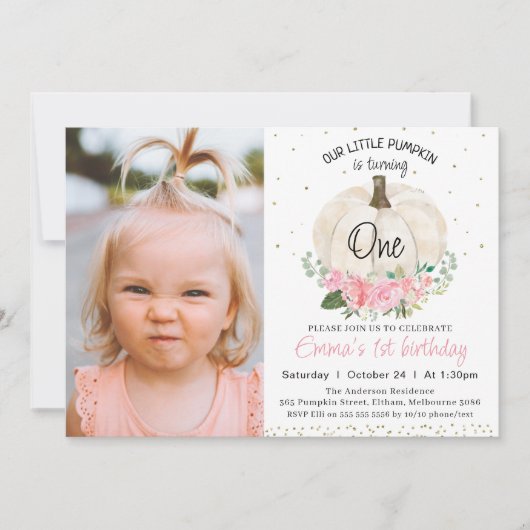 White Pumpkin Pink Floral Foto 1 oktober Kaart (Voorkant)