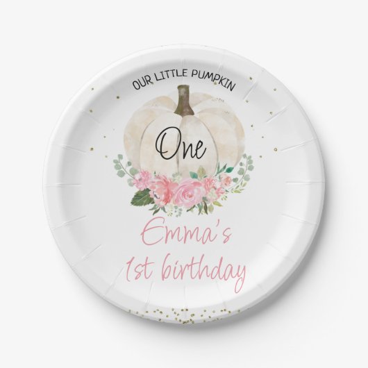 White Pumpkin Pink Floral Girls 1ste Birthday Bord (Voorkant)