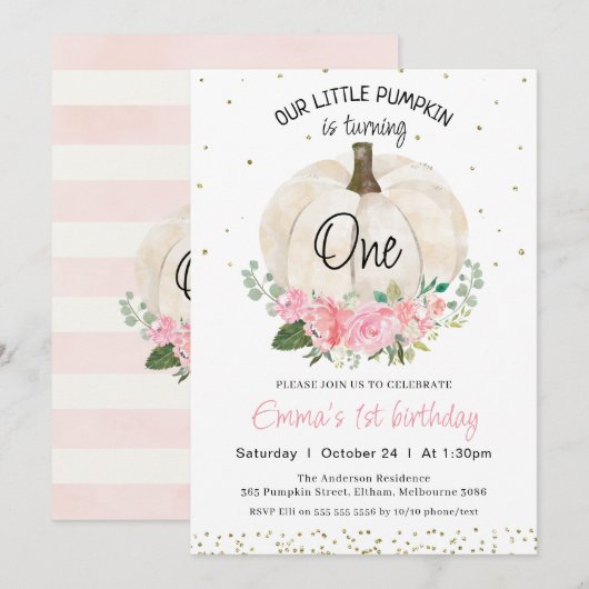 White Pumpkin Pink Floral Girls 1ste verjaardag Kaart (Voorkant / Achterkant)