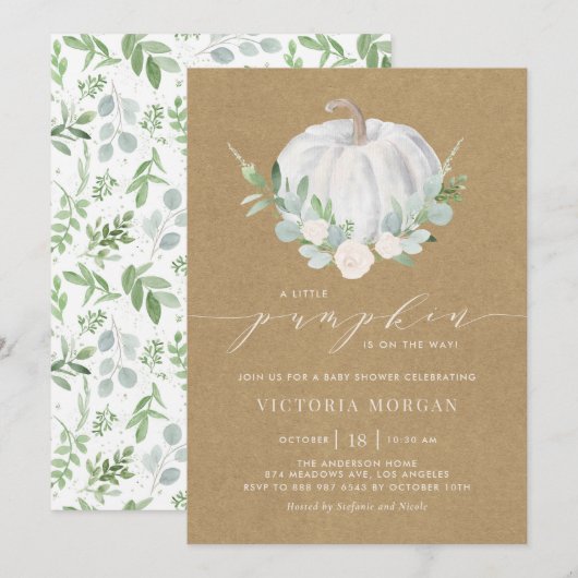 White Pumpkin Rustic Kraft Paper Herfst Baby showe Kaart (Voorkant / Achterkant)