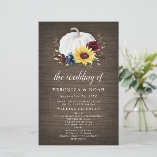 White Pumpkin Sunflower Gold Fall Wedding Programs (Staand voorkant)