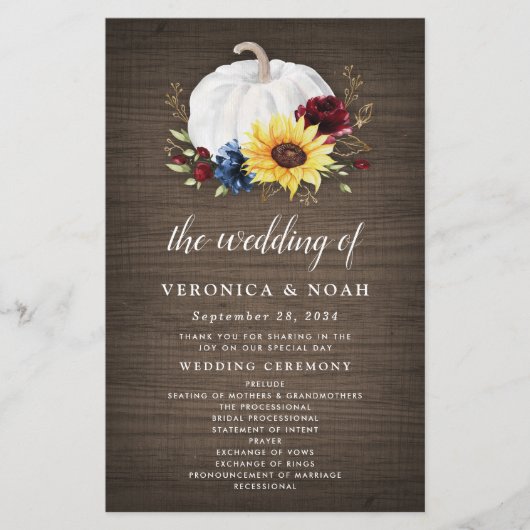 White Pumpkin Sunflower Gold Fall Wedding Programs (Voorkant)