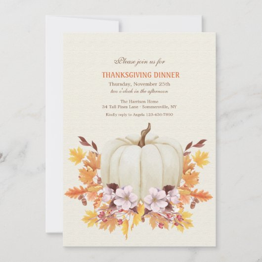 White Pumpkin Thanksgiving Dinner Invitation Kaart (Voorkant)