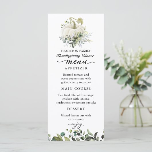 White Pumpkin Thanksgiving Dinner Menu Card (Staand voorkant)