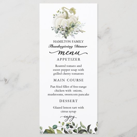 White Pumpkin Thanksgiving Dinner Menu Card (Voorkant)