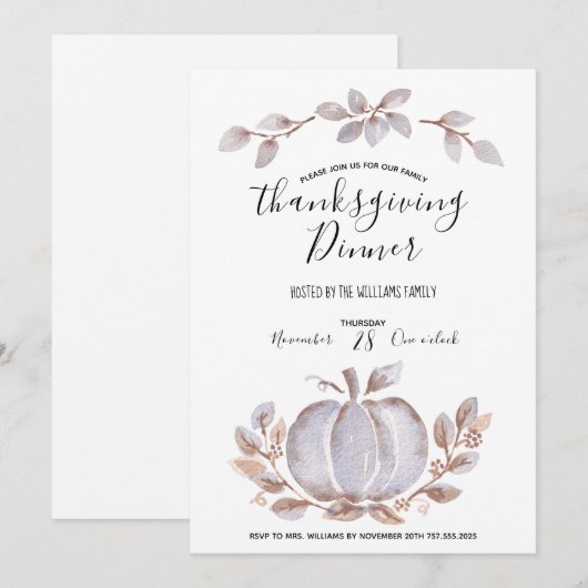 White Pumpkin Waterverf Thanksgiving Uitnodiging (Voorkant / Achterkant)