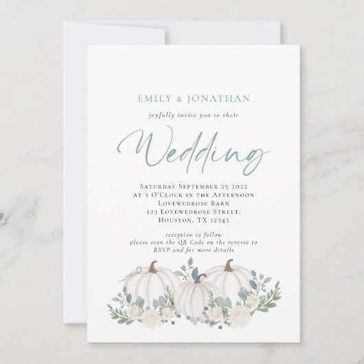 White Pumpkins Blauwgroen Foliage QR Code Weddensc Kaart (Voorkant)