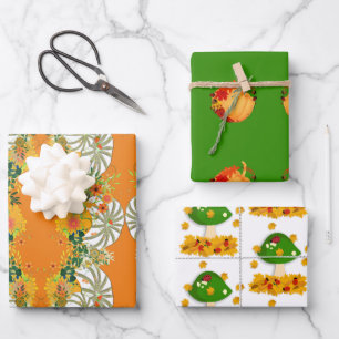 White Pumpkins Fall Colors Toadstool Floral Green Inpakpapier Vel