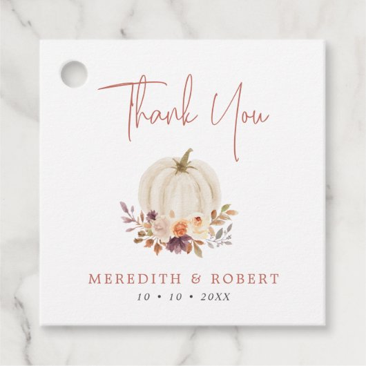 White Pumpkins & Flowers Weddenschap Bedankt Bedankjes Labels (Voorkant)
