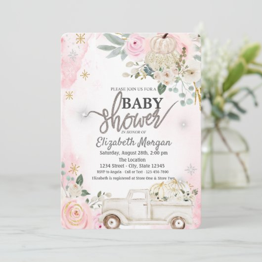 White Pumpkins Truck Flowers Baby Showe Kaart (Staand voorkant)