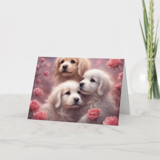 White Puppies Pink Roses Valentines Day Kaart (Voorkant)