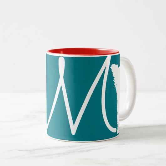 White Puppy Chinese Dog Year Birthday Monogram M1 Tweekleurige Koffiemok (Voorkant rechts)