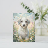 White Puppy Pastel Wildflowers Daisies Sunshine Briefkaart (Staand voorkant)