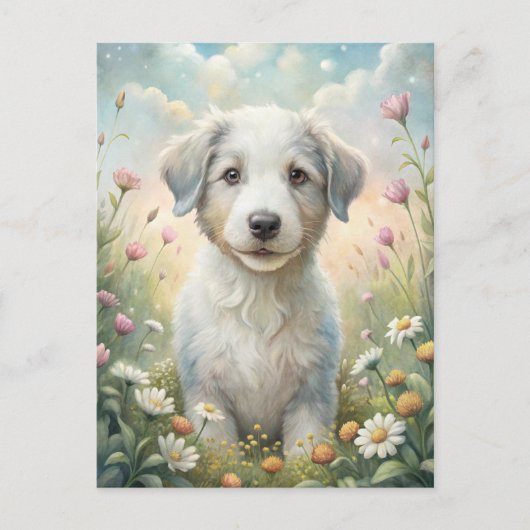White Puppy Pastel Wildflowers Daisies Sunshine Briefkaart (Voorkant)