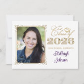 White, Purple, Gold 2026 Photo Graduation Invite Kaart (Voorkant)