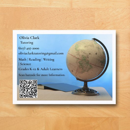 White QR Code Tutor Teacher Globe & Book Classroom Visitekaartje