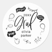 White Quirky Doodle Graduation Party Favoriet Ronde Sticker (Voorkant)