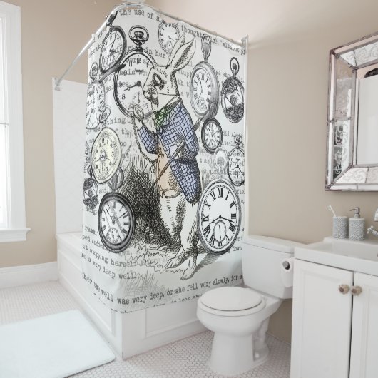 White Rabbit Alice in Wonderland Clocks Douchegordijn (In situ)