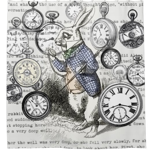 White Rabbit Alice in Wonderland Clocks Douchegordijn (Voorkant)