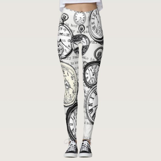 White Rabbit Alice in Wonderland Clocks Leggings (Voorkant)