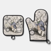 White Rabbit Alice in Wonderland Clocks Ovenwant & Pannenlap Set (Voorkant)