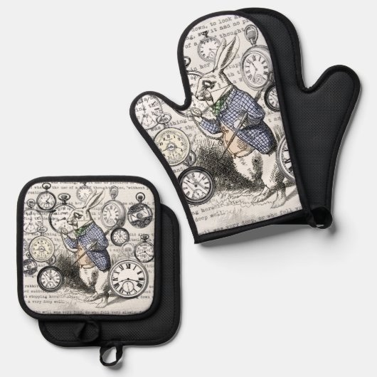 White Rabbit Alice in Wonderland Clocks Ovenwant & Pannenlap Set (Voorkant / Achterkant)